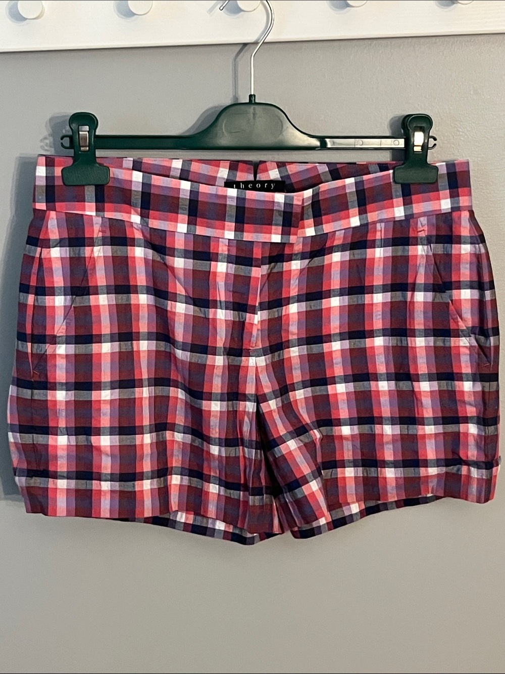 Theory Plaid Cotton Shorts in Pink and Purple